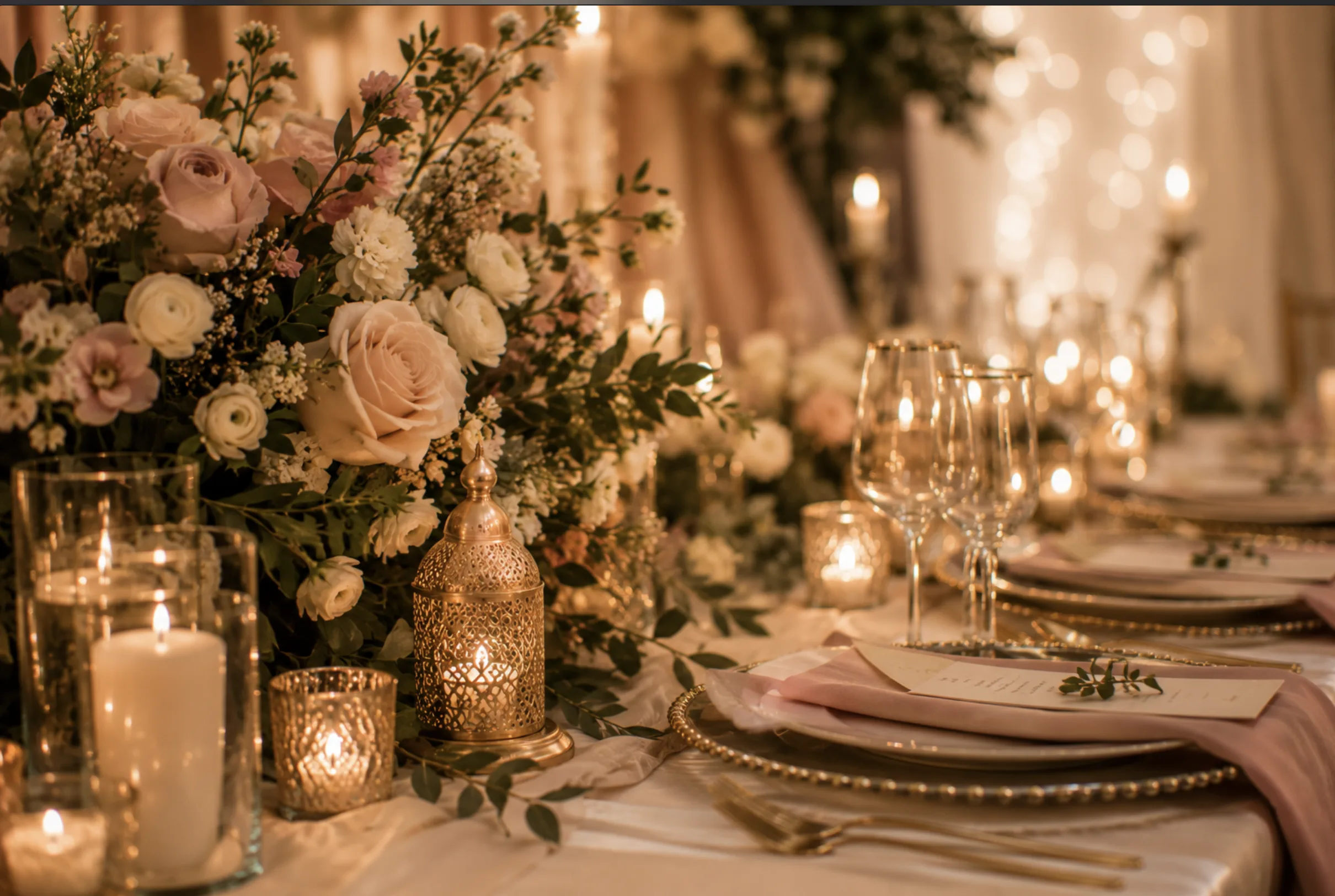 Warm event decor detail with florals candles and elegant styling