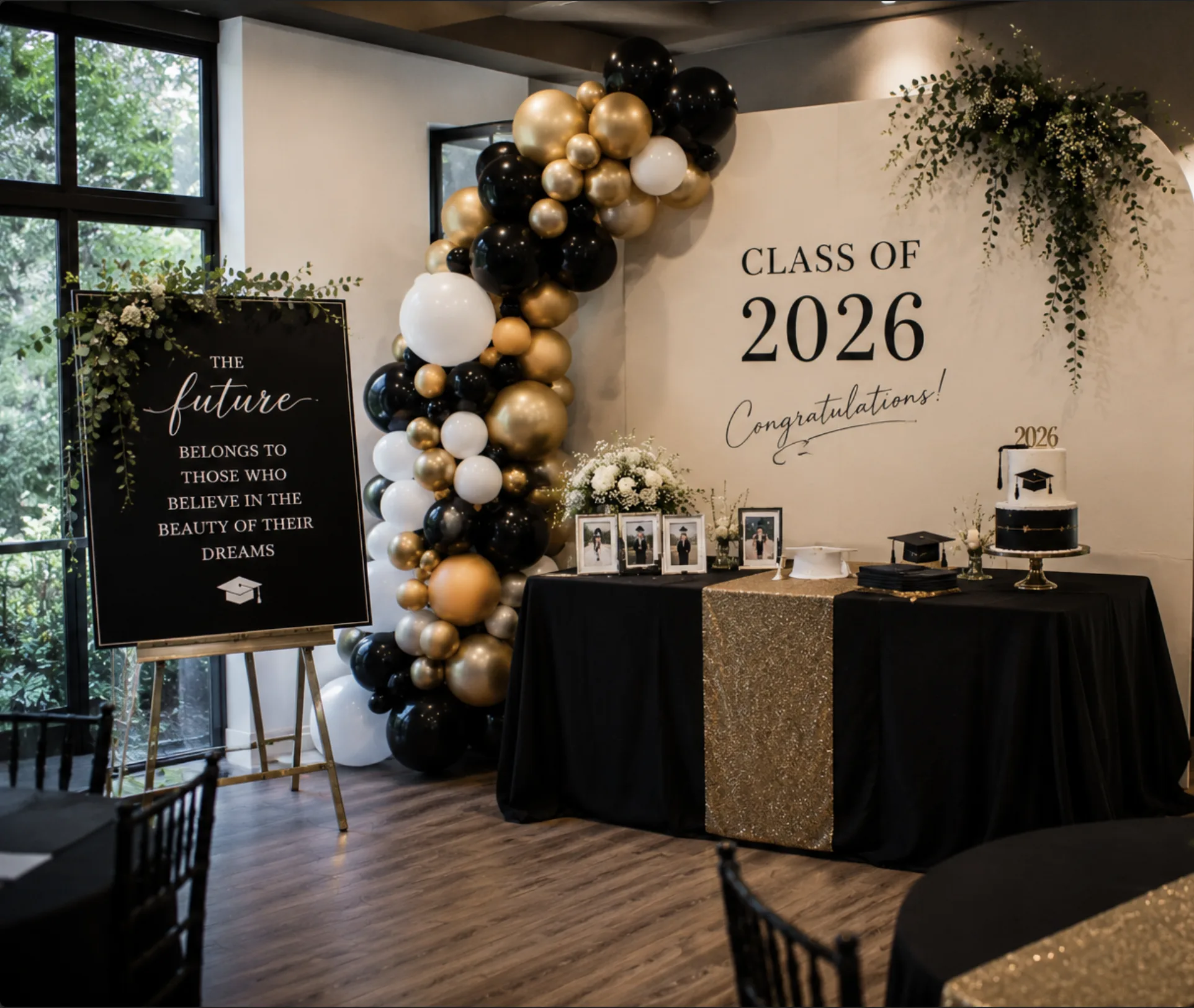 Milestone birthday or graduation event decor with backdrop and florals