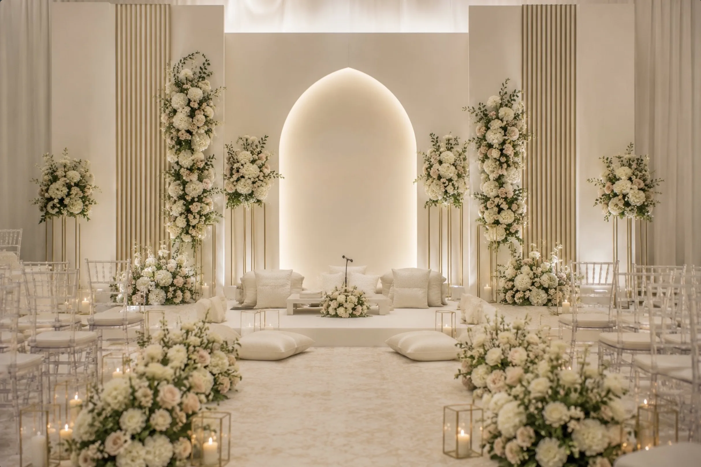 Nikah ceremony setup with soft florals and elegant backdrop