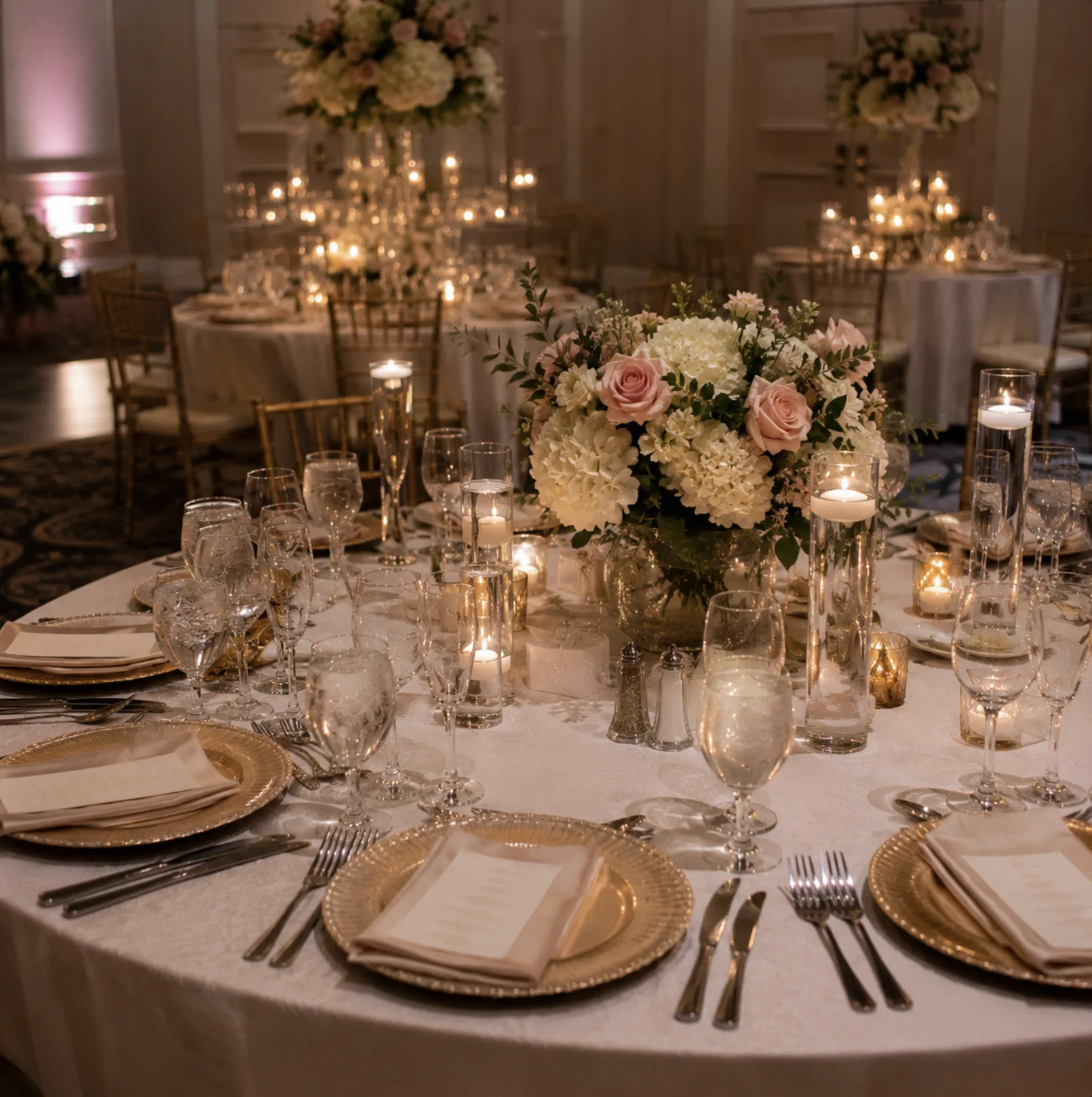 Elegant wedding tablescape with florals and place settings