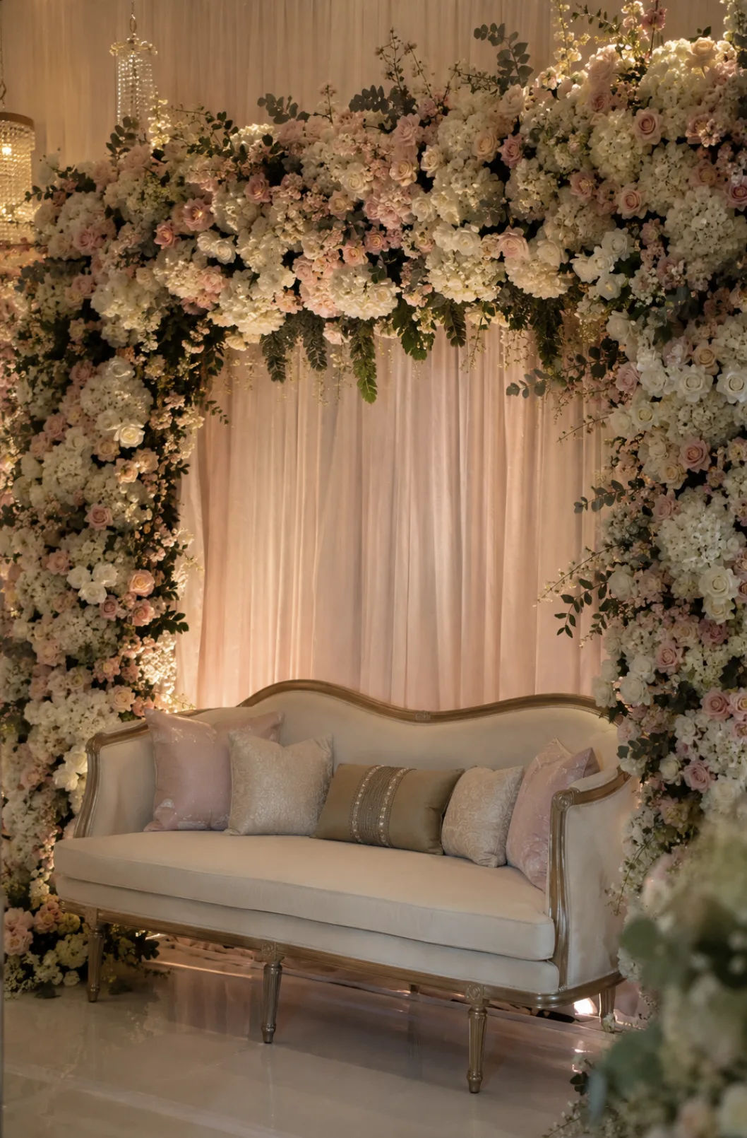 Tall wedding floral installation and luxury stage decor