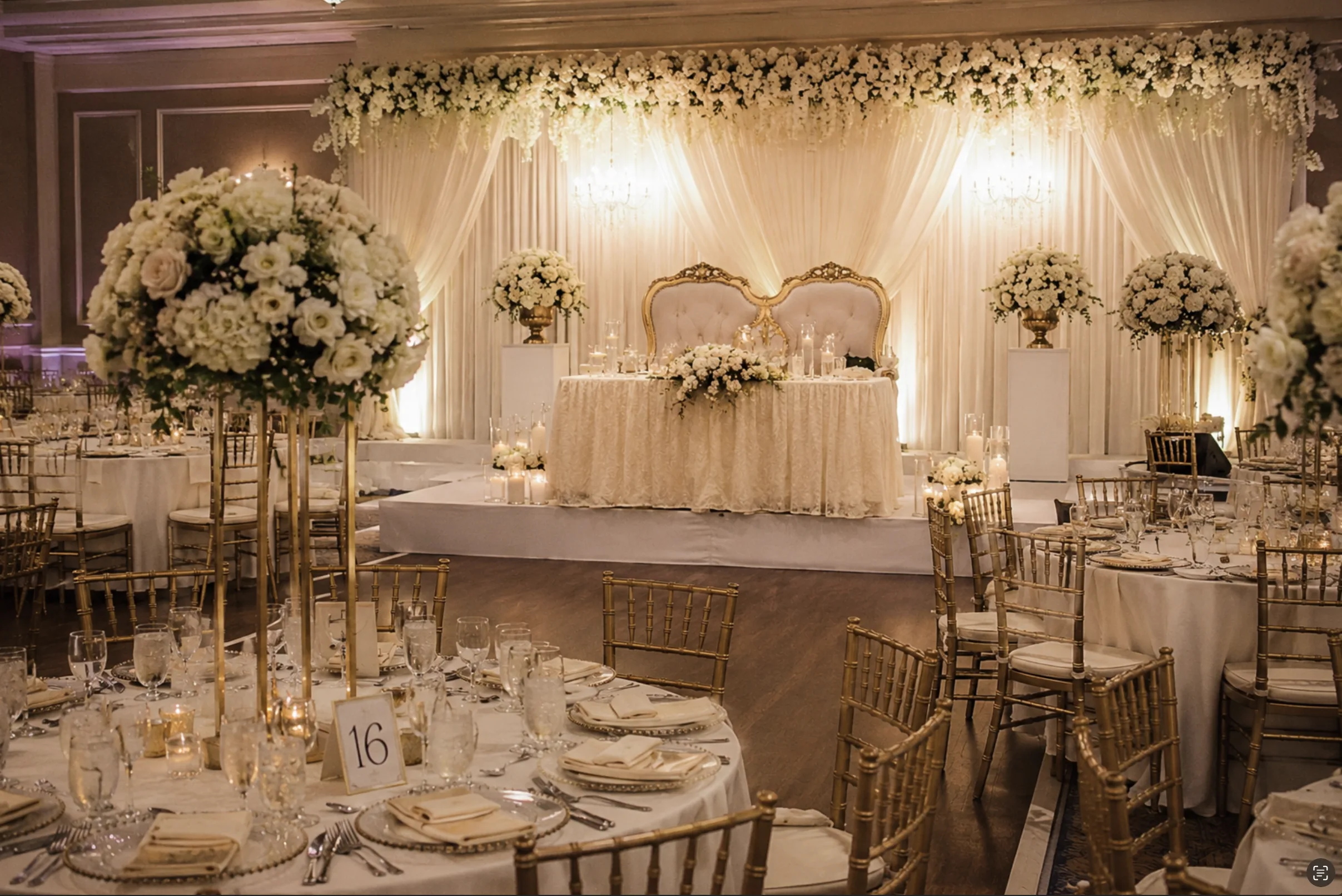Walima reception stage with couple seating and floral decor